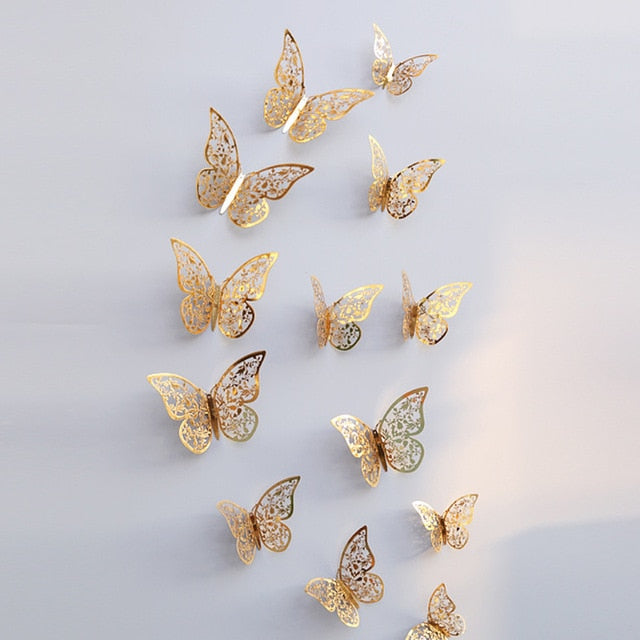 12 Pcs/Set 3D Wall Stickers Butterfly Hollow Paper 3Sizes Silver Gold For Fridge Stickers Home Party  Wedding Decor F507