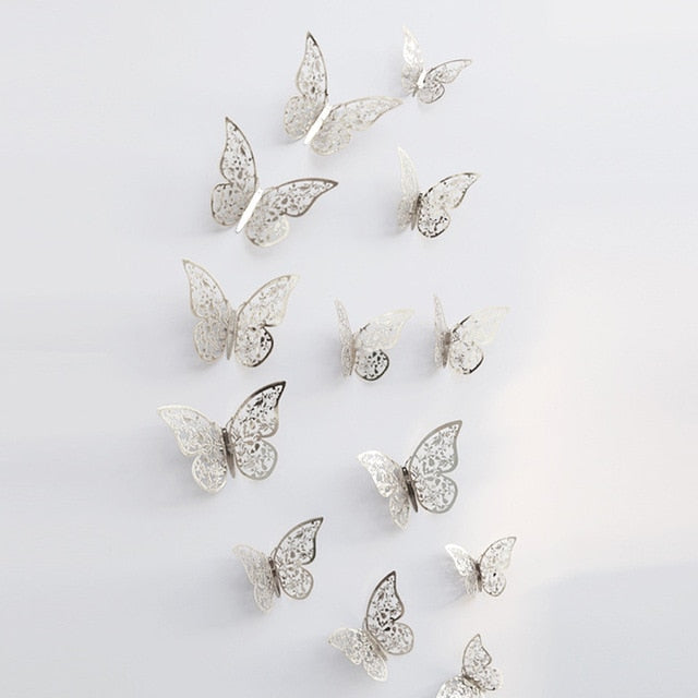 12 Pcs/Set 3D Wall Stickers Butterfly Hollow Paper 3Sizes Silver Gold For Fridge Stickers Home Party  Wedding Decor F507