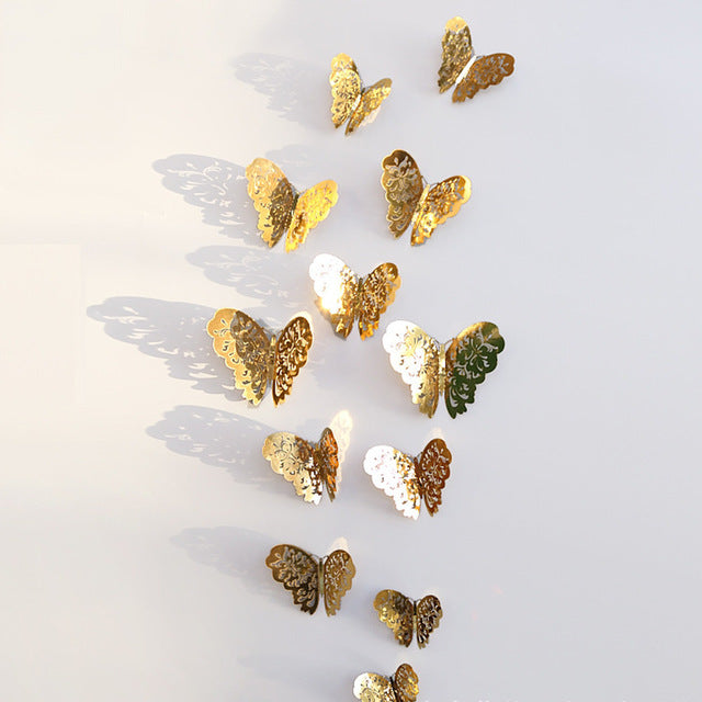 12 Pcs/Set 3D Wall Stickers Butterfly Hollow Paper 3Sizes Silver Gold For Fridge Stickers Home Party  Wedding Decor F507