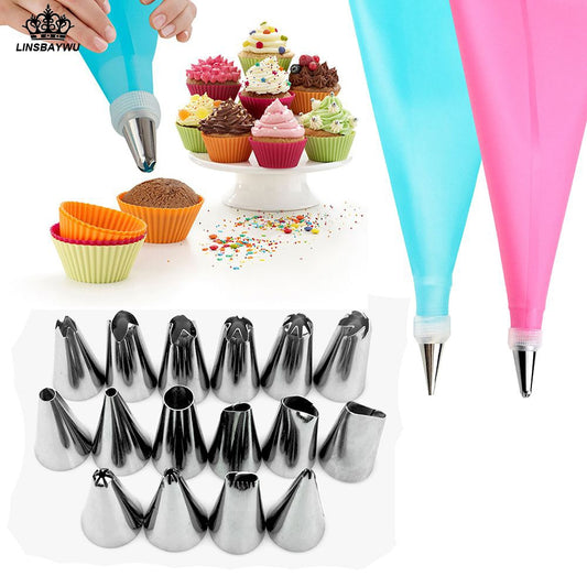 18 PCS/Set Silicone Pastry Bag Nozzles Tips DIY Icing Piping Cream Reusable Pastry Bags +16 Nozzle Set Cake Decorating Tools